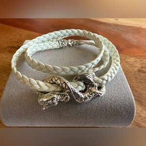 JOHN HARDY Sterling Silver Naga Dragon Off White Leather Wrap Bracelet